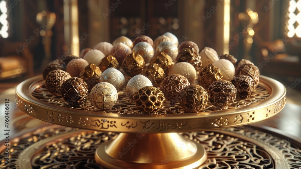 Fototapeta premium an exquisite assortment of date palm truffles presented on a golden intricately carved tray