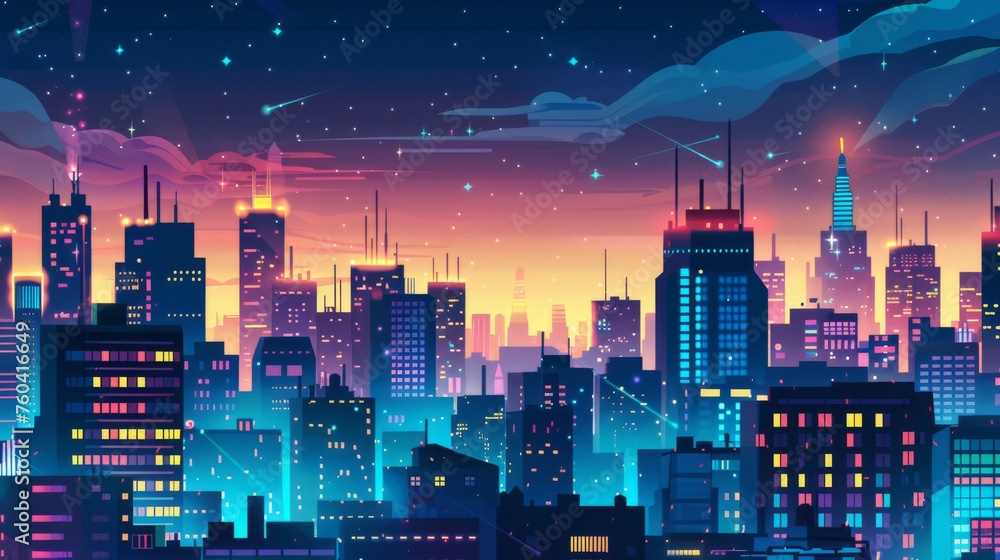 A digital illustration of a futuristic cityscape under a starry sky, blending urban architecture with dreamy cosmic elements.