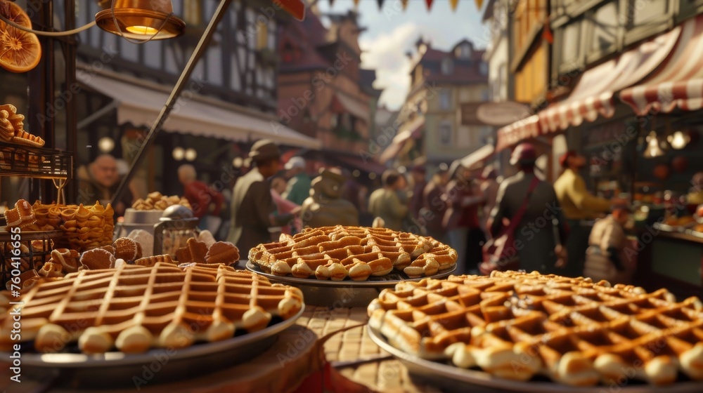 3D scene of a bustling Belgian street market with a focus on a popular Liege waffle stand