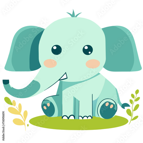 An adorable elephant calf roams the lush green African savanna under the warm glow of the setting sun.