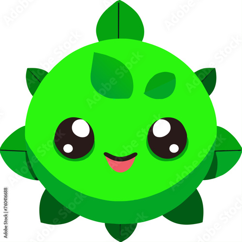 An adorable emoticon with a cheerful smile and rosy cheeks, surrounded by lush green leaves.