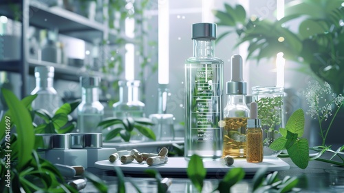 a futuristic herbal supplement lab where natural ingredients are being researched and processed photo