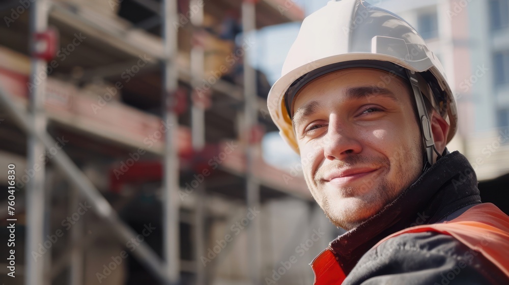 a builder in a helmet, scaffolding on the background, Looking straight ahead, smile a builder in a helmet, scaffolding on the background, Looking straight ahead, smile