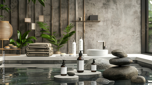 A 3D visualized spa setting offering organic skincare treatments with products displayed alongside natural elements like stones and water