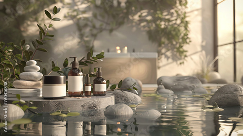 A 3D visualized spa setting offering organic skincare treatments with products displayed alongside natural elements like stones and water