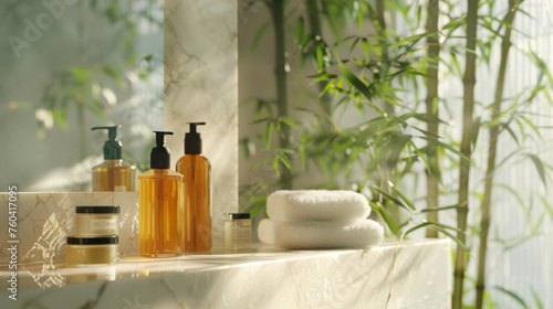 A serene bathroom scene featuring organic skincare products arranged on a marble countertop a bamboo plant in the background