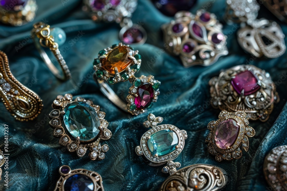 Close-up of a collection of handcrafted jewelry pieces on a luxurious velvet background including rings Close-up of a collection of handcrafted jewelry pieces on a luxurious velvet background including rings