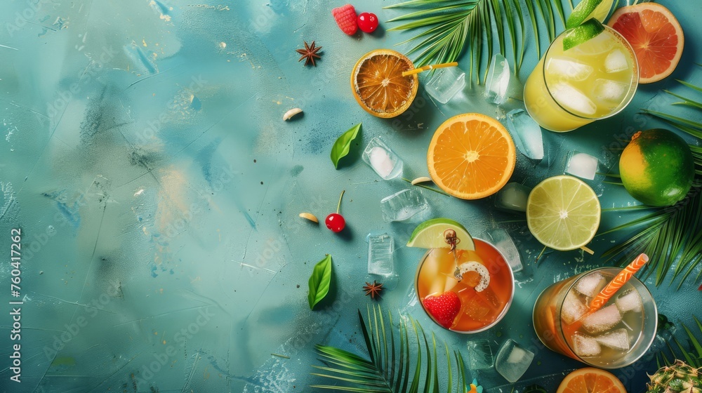 A vibrant flat lay of assorted cocktails and tropical fruits on a blue background, perfect for summer and party themes. A vibrant flat lay of assorted cocktails and tropical fruits on a blue background, perfect for summer and party themes.