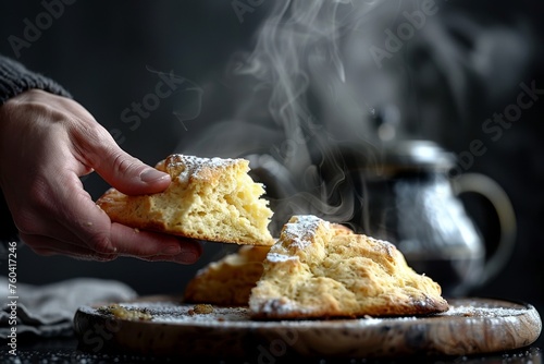 Close-up of a hand breaking open a steaming Earl Grey infused scone revealing its fluffy interior