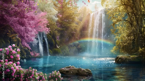 Enchanting fantasy landscape with cherry blossoms  a waterfall  and a rainbow over tranquil water  perfect for mystical and nature themes.