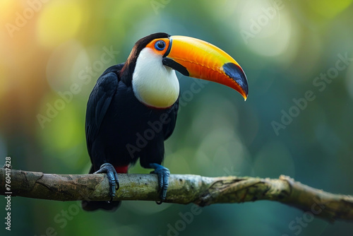 A colorful bird with a long beak is perched on a rock. The bird's bright colors and unique beak make it stand out against the natural surroundings. toucan, one of the most colorful birds in the world © Nataliia_Trushchenko