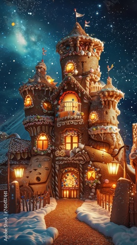 Fantastical art of a towering gingerbread castle at night illuminated by lanterns made of hard candies