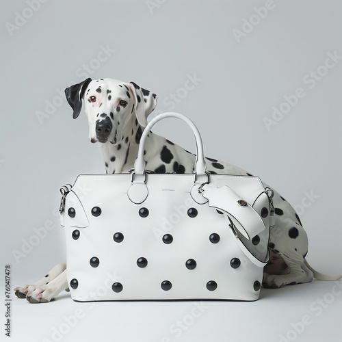 chien et sac de luxe, dalmatiens assortis aux bagages de luxe
