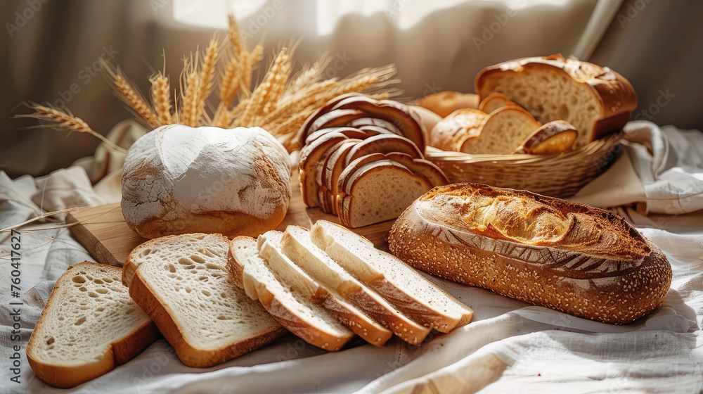 Slices of bakery bread on a white cloth. Traditional rustic food toast. Delicious toasted bread slices