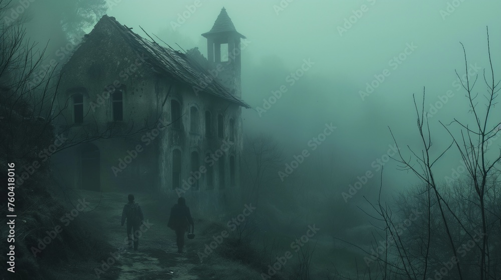 Friends exploring an eerie, abandoned town in the midst of a dense fog