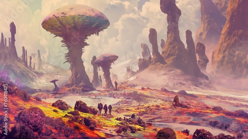 Friends exploring an otherworldly, alien-like landscape filled with peculiar rock formations and vivid colors.