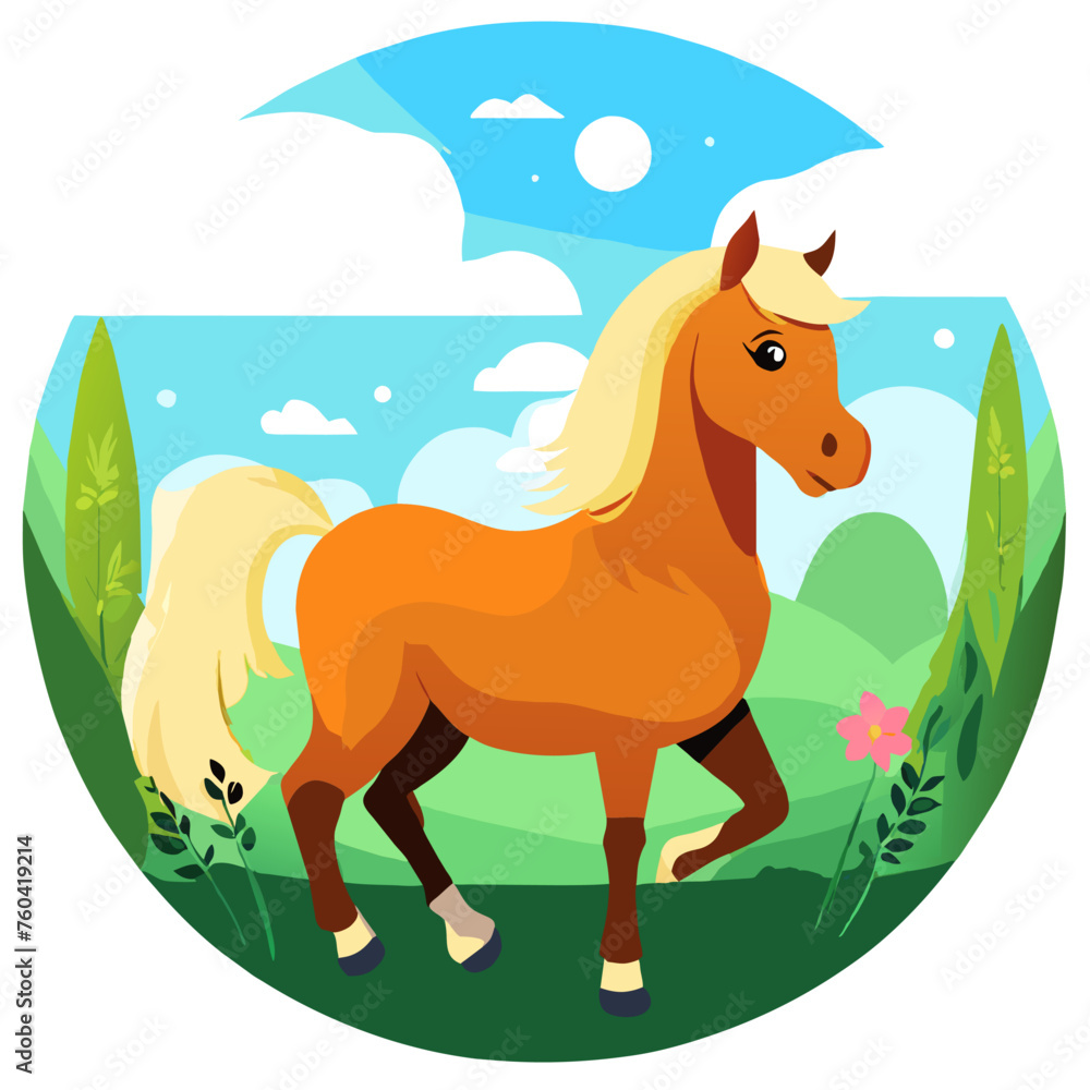 A cute horse stands in a lush green field, its mane and tail flowing gracefully in the wind.