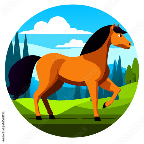 A cute horse frolics in a lush green meadow, its mane flowing in the gentle breeze.