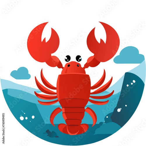 A cute lobster crawls on the ocean floor, its bright red shell contrasting with the blue-green water.