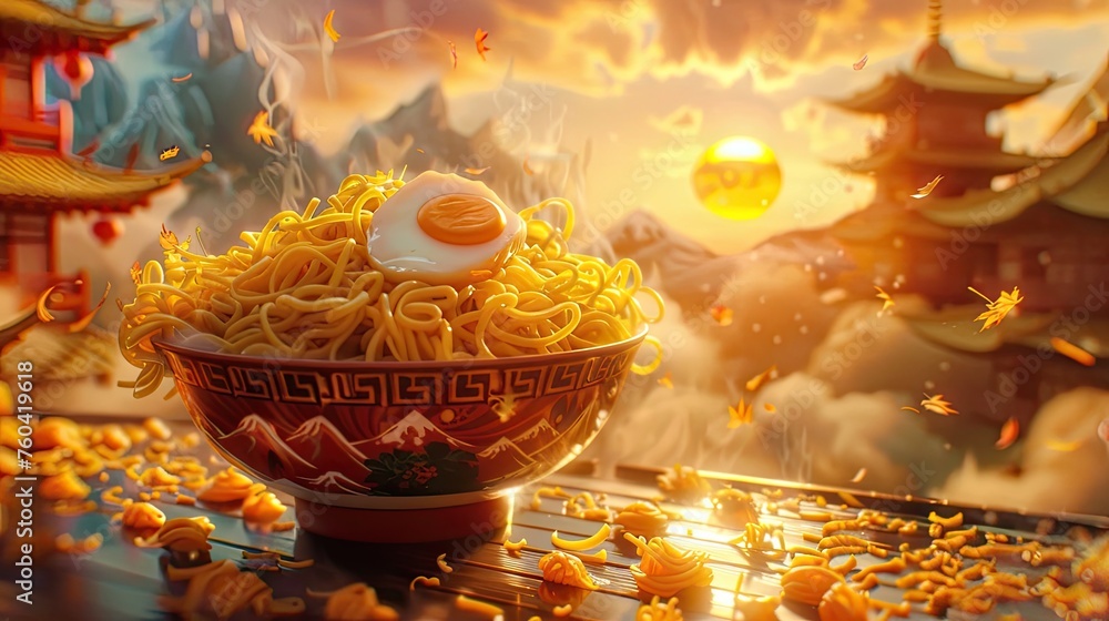 Noodle Bowl adorned with an Egg in a Surreal 3D Animation World filled with Flying Ramen Pieces and Palaces