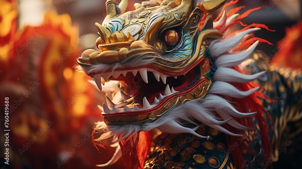 A close-up of an intricately designed Chinese New Year dragon dance costume, highlighting the rich colors, detailed patterns, and cultural significance of this traditional celebration