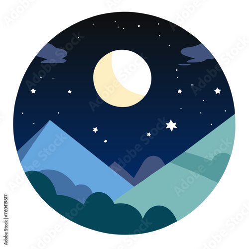 The cute moon hangs in the night sky, casting a soft glow on the peaceful landscape below.