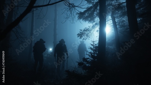 Friends maneuvering through a dense, mystical fog in a dark forest during an adventurous night expedition. © Zaini