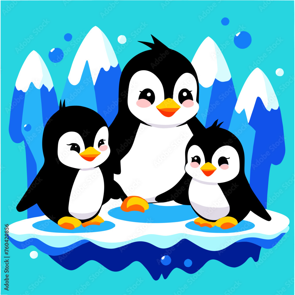 Fototapeta premium Adorable penguins huddle together amidst icy landscapes, their beady eyes peering out into the frozen expanse.