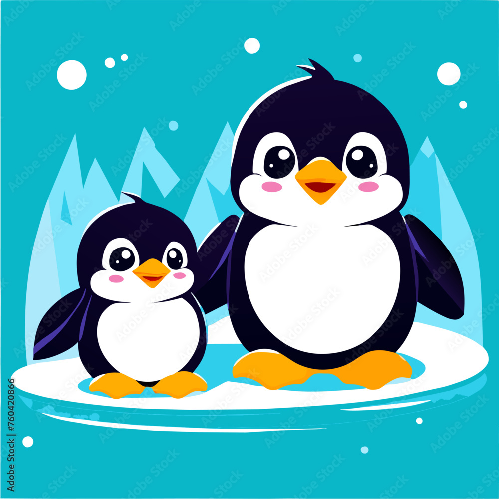 Obraz premium Cute penguins huddle amidst icy and snowy surroundings.
