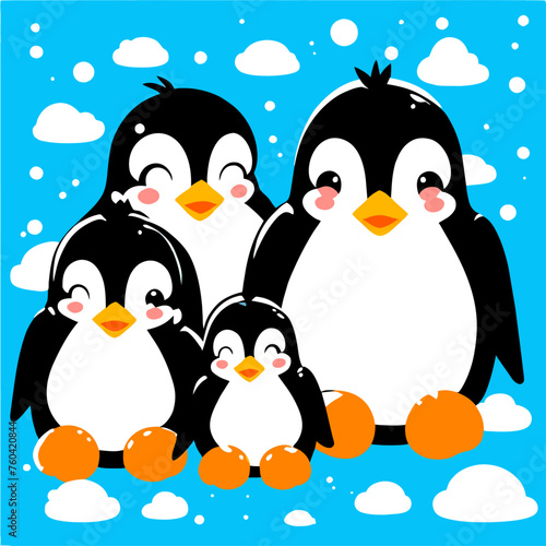 Adorable penguins waddle across the icy expanse, their black and white feathers contrasting sharply with the pristine snow.