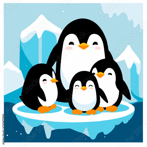 Cute penguins waddle amidst the icy landscape.