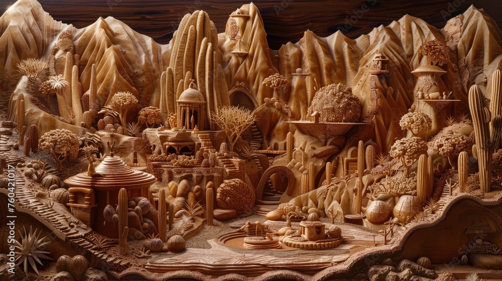Intricate Wood Carving Depicting a Surreal Alien Desert Landscape with Chocolate Oases