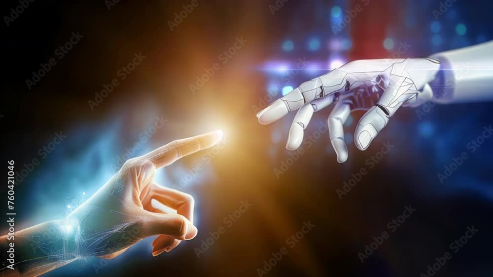 merging of technology and humanity: cyborg finger touching human finger ...