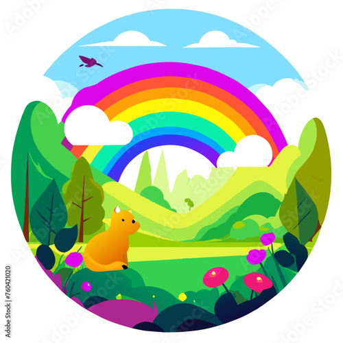 A cute rainbow arcs across a vibrant green field  casting a magical glow upon the surrounding landscape.
