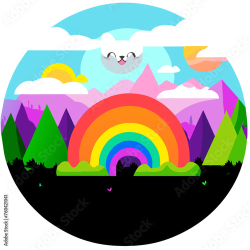 A vibrant rainbow arches over a serene forest, casting a magical glow upon the verdant landscape.