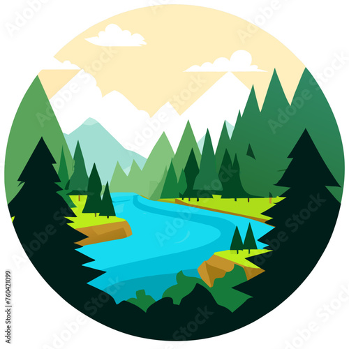A tranquil river meanders through a lush green landscape, inviting tranquility and serenity.