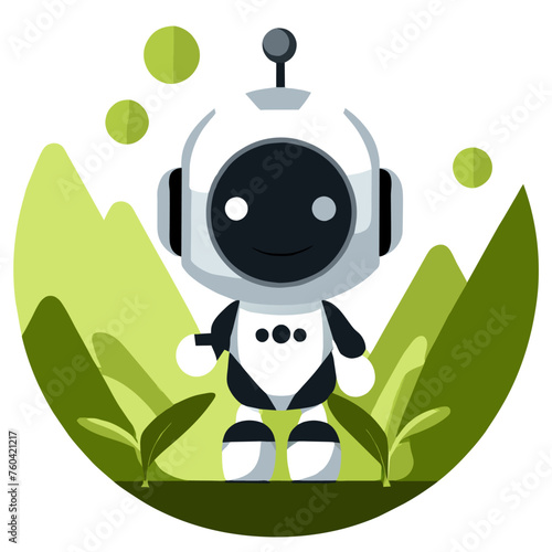 An adorable robot stands amidst lush greenery, its metallic body contrasting sharply with the organic surroundings.