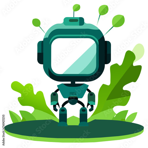 An adorable robot stands amidst lush greenery, its metallic body contrasting sharply with the organic surroundings.