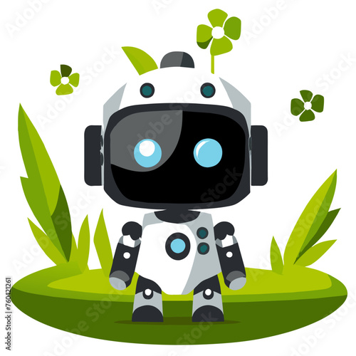 Cute robots frolic amidst a lush green landscape, their playful antics bringing life to the serene surroundings.