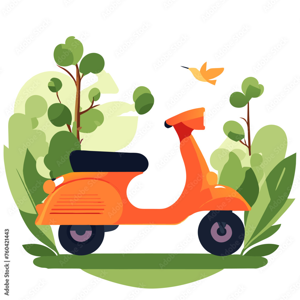 The cute, adorable scooter is parked in the green nature. The cute, adorable scooter is parked in the green nature.