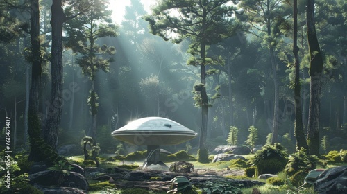 A silvery UFO stands quietl...