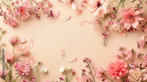 beautiful photo with copy space of: top view beautiful vivid spring flower minimalistic arrangement