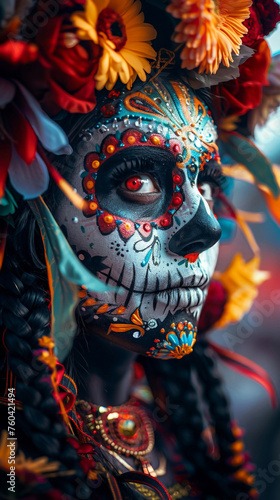 Day of the Dead Skull, Colorful Sugar Skull makeup, Celebrating life and death, Vibrant street parade, photography, Backlights, HDR