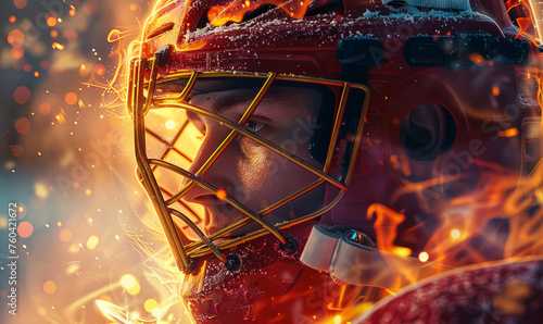 Professional ice hockey goalie portrait with creative fire element