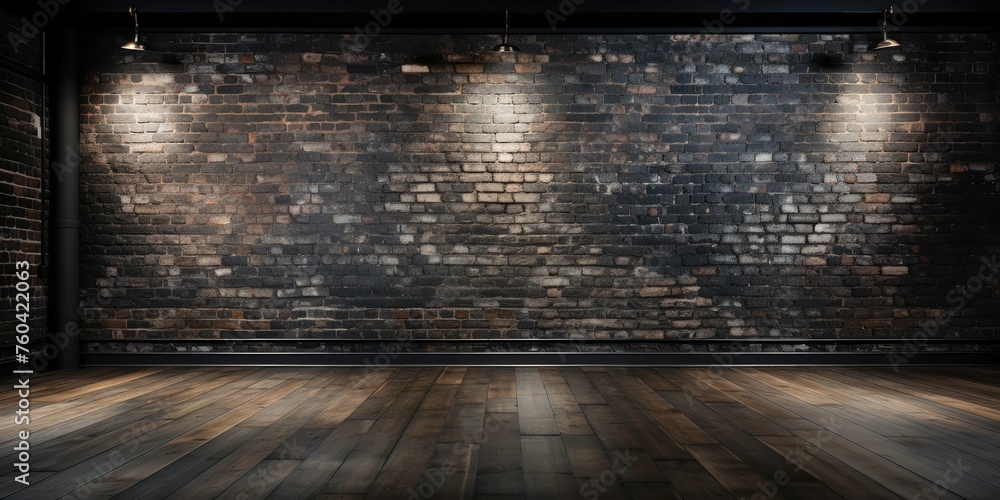Roomy Loft With Deep Wood Floors Matte Black Brick Wall - obrazy, fototapety, plakaty 
