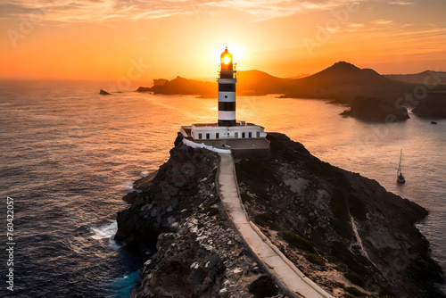 A lighthouse on a rocky island at sunset. The lighthouse is tall and slender, with a red and white striped tower. It is surrounded by rough waves and a dramatic sky. © Manuel Milan
