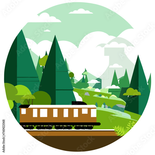 A cute train traverses a serene natural landscape, surrounded by verdant trees and a tranquil river.
