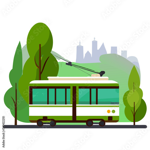 A charming tram meanders through a tranquil natural setting.