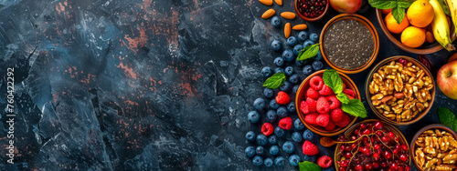 Colorful assortment of healthy superfoods on dark background photo