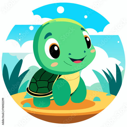 An adorable turtle basking in the warm sun, its green shell and curious eyes glowing with a hint of mischief.